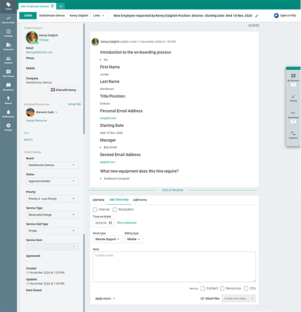 Resource Management Use Case_Tech Portal - Ticket Timeline, Chat, Chat Panel, Time Entry
