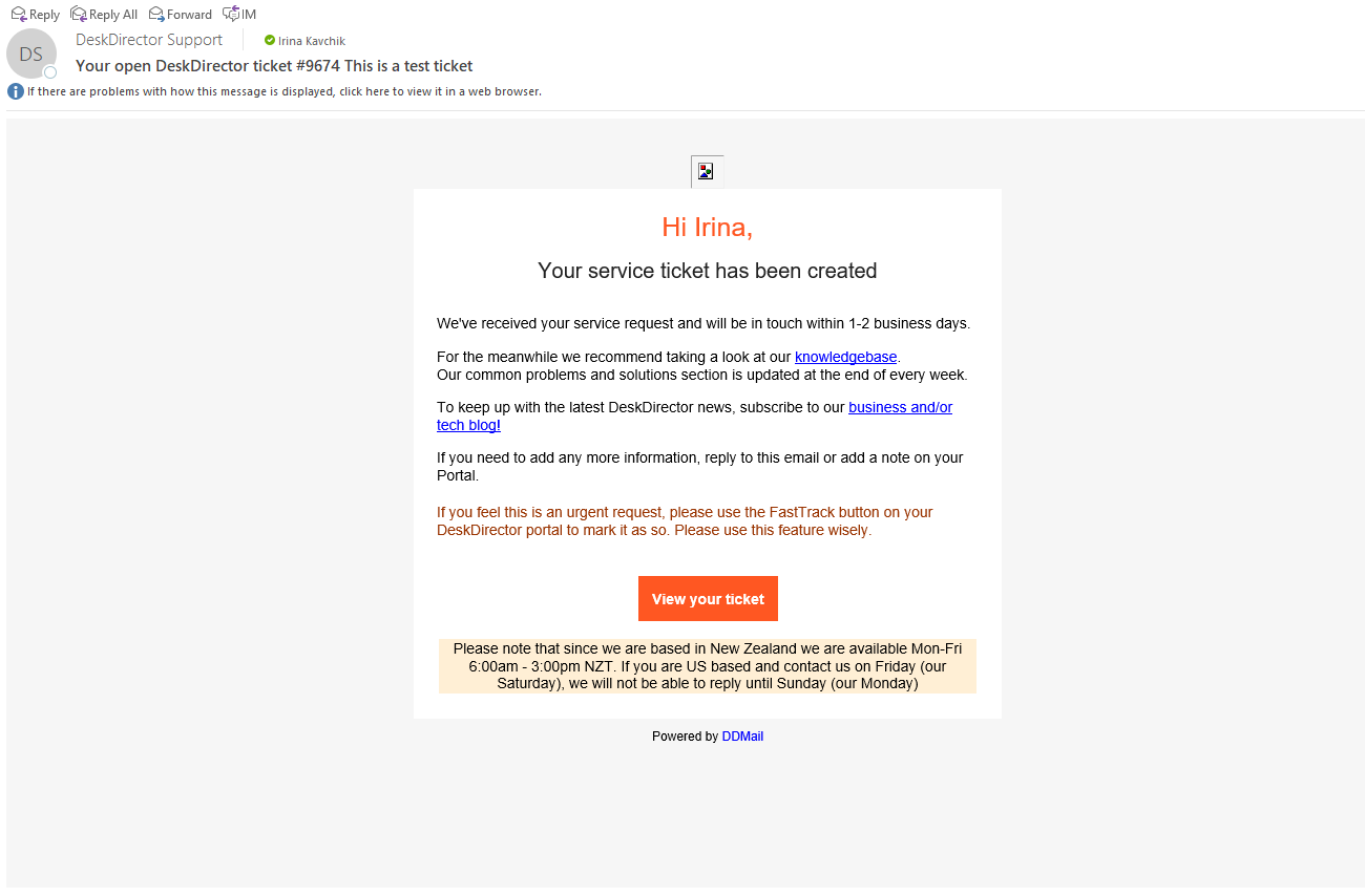 Ticket email responce DD