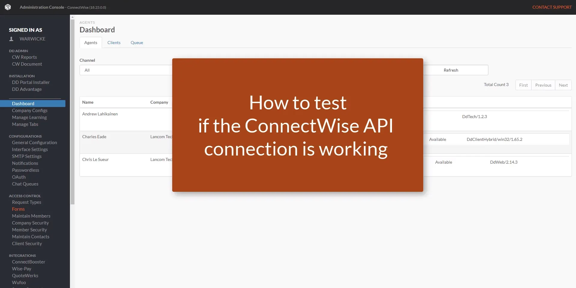 How to test if the ConnectWise API connection is working?